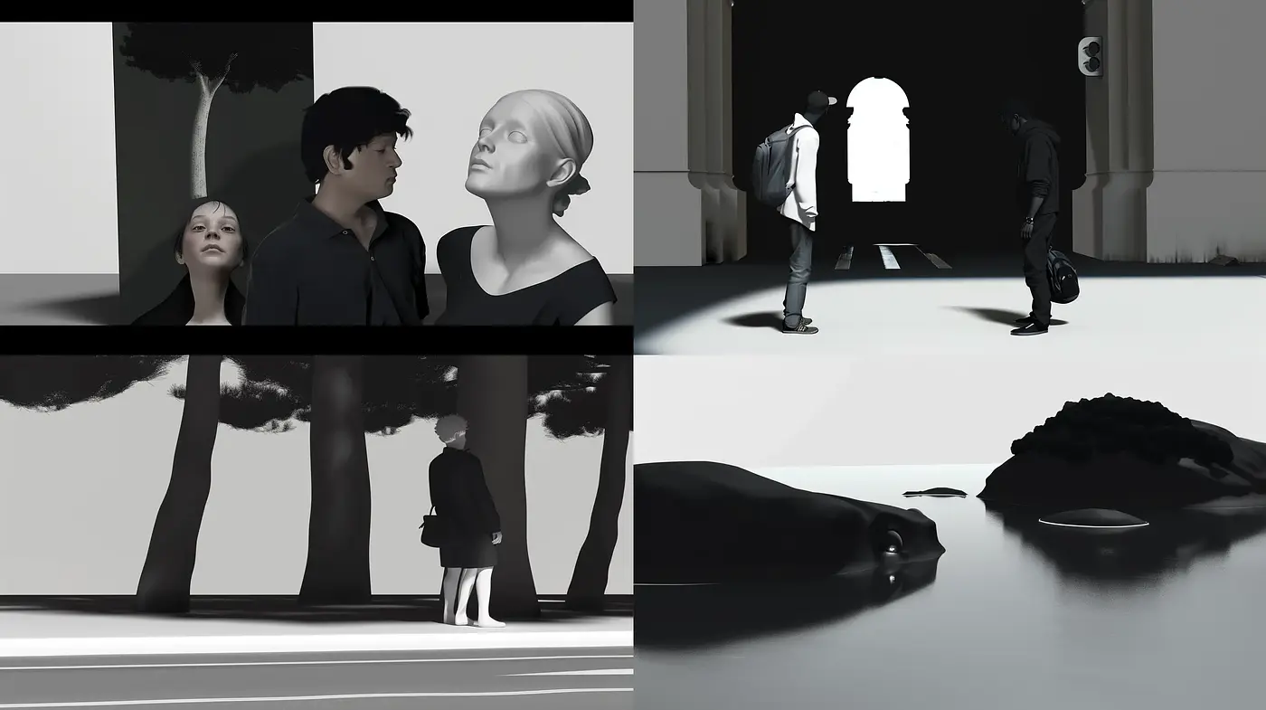 Monochrome Silhouettes and Shadows in Stylized Realism - Midjourney sref style