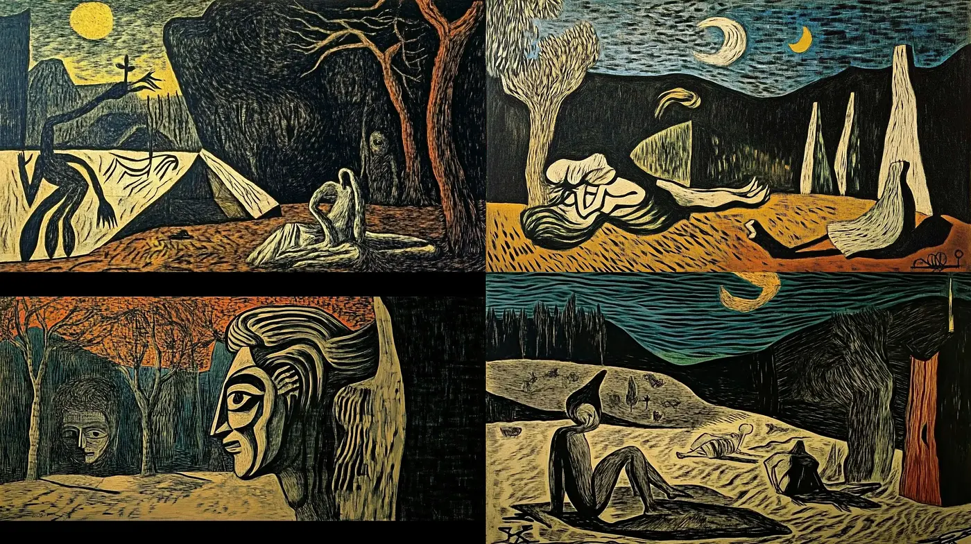 Nocturnal Rhapsody in Woodcut: A Moody Synthesis of Night and Nature - Midjourney sref style