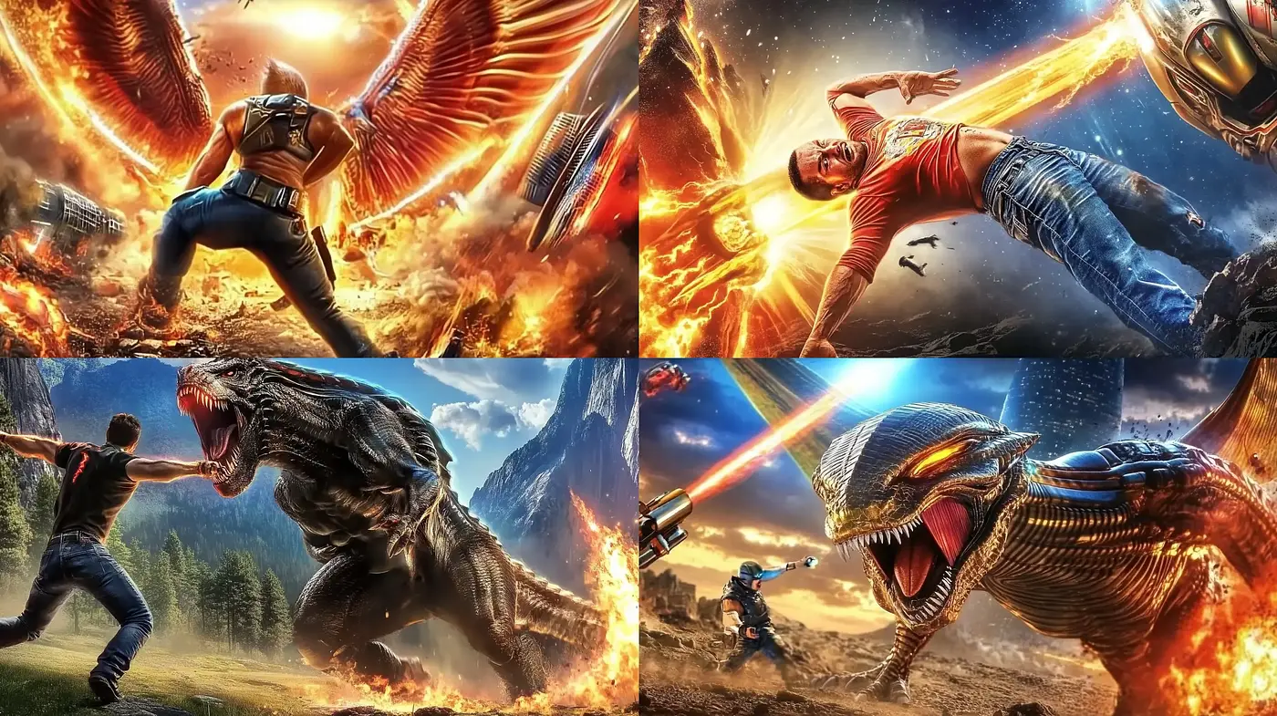 Epic Cinematic Spectacle: Dynamic Encounters in a High-Contrast World - Midjourney sref style