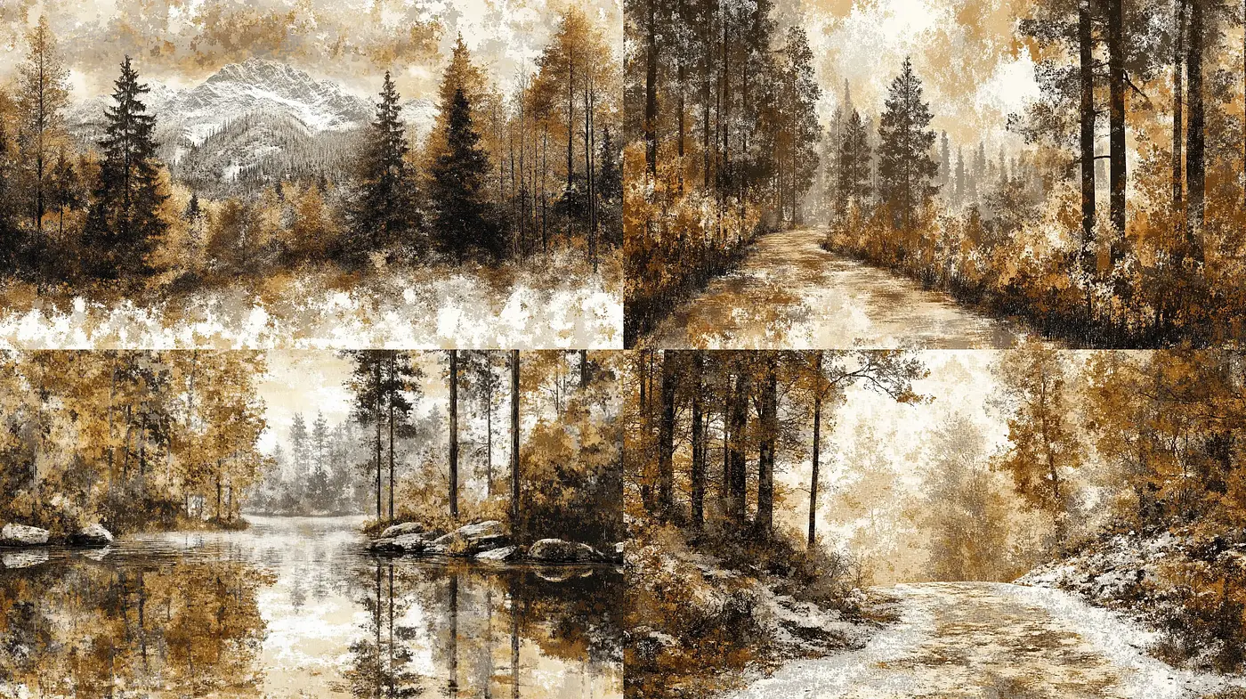 Sepia-Toned Wilderness Vignettes Capturing Timeless Serenity - Midjourney sref style