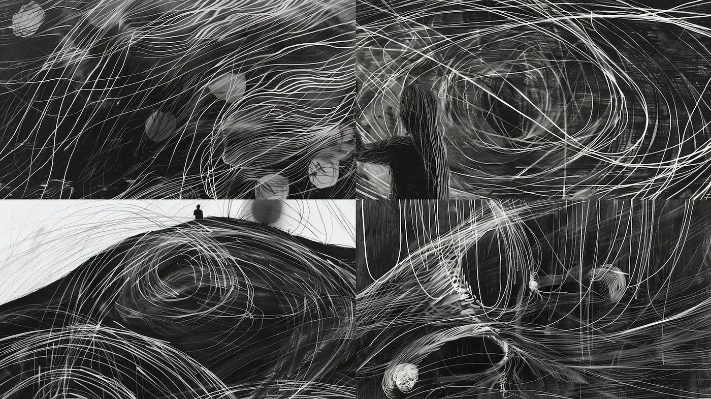 Dynamic Abstract Black and White Line Art with Ethereal Elements - Midjourney sref style