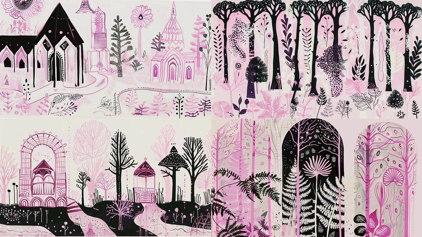 Whimsical Monochrome Fairy Tale Illustrations with Pastel Highlights - Midjourney sref style