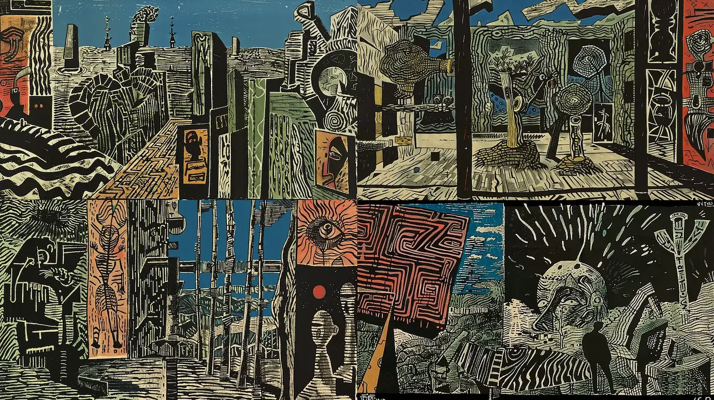 A Cohesive Exploration of Abstract and Surreal Spaces through Bold Textures - Midjourney sref style