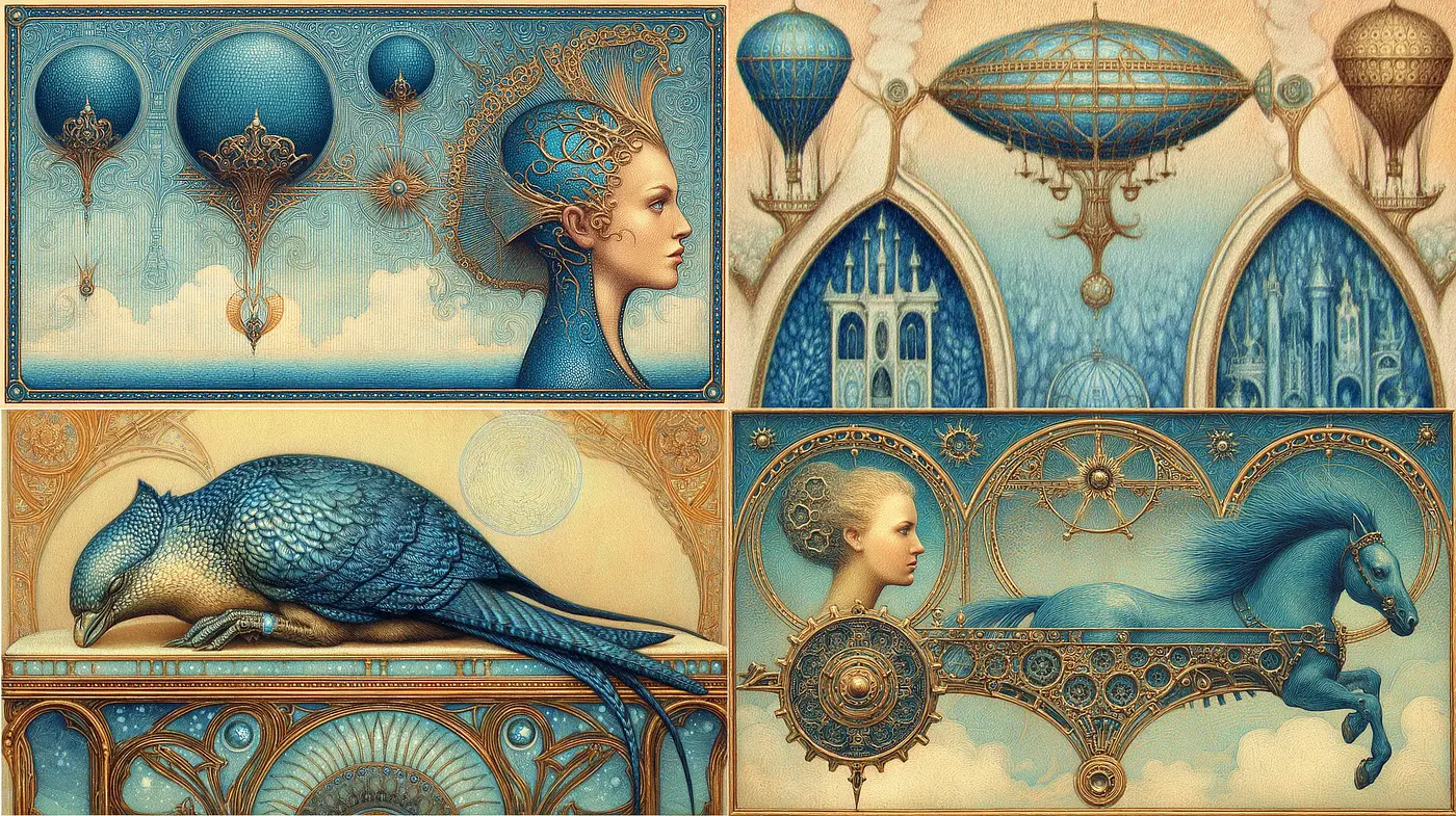 Intricate Steampunk Fantasy with Enigmatic Characters and Airborne Elements - Midjourney sref style