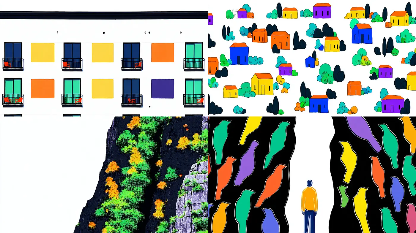 Vibrant and Simplified Geometric Illustrations with Playful Designs and Bold Colors - Midjourney sref style