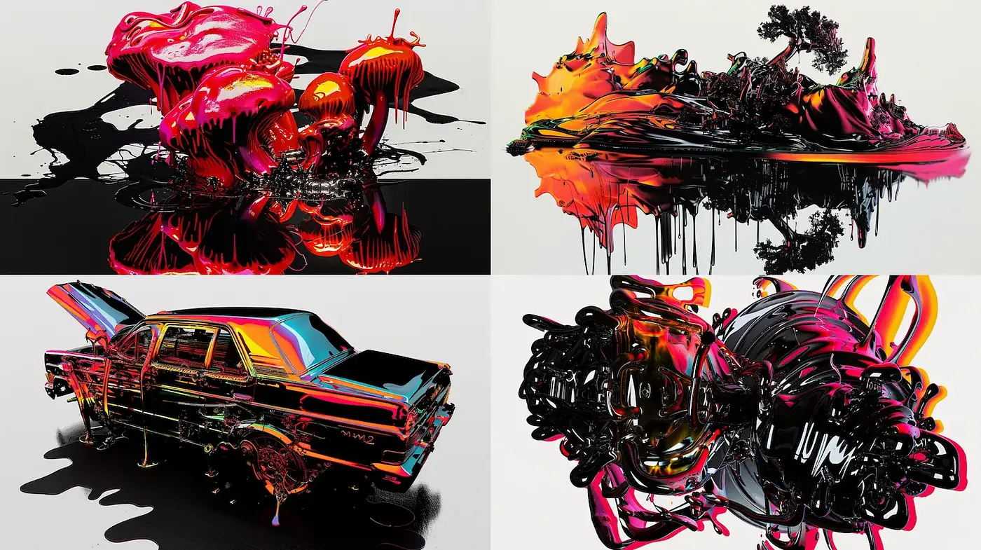 Dynamic Fluid Abstracts with Vivid Color Contrasts Inspired by Modern Digital Art - Midjourney sref style