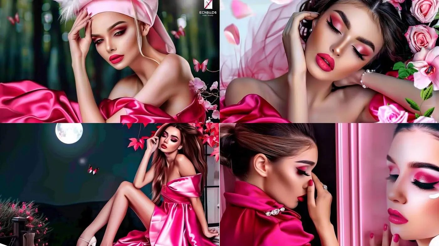 Rosy Satin Dreamscape: A Synthesis of Hyper-realistic Portraiture and Vibrant Botanical Elements - Midjourney sref style