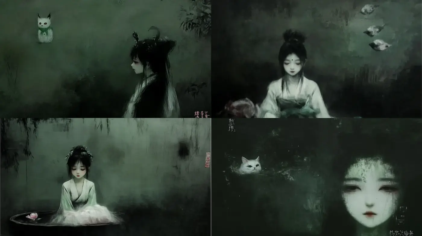 Mystical Monochrome Nocturne with Ethereal Asian Aesthetics - Midjourney sref style