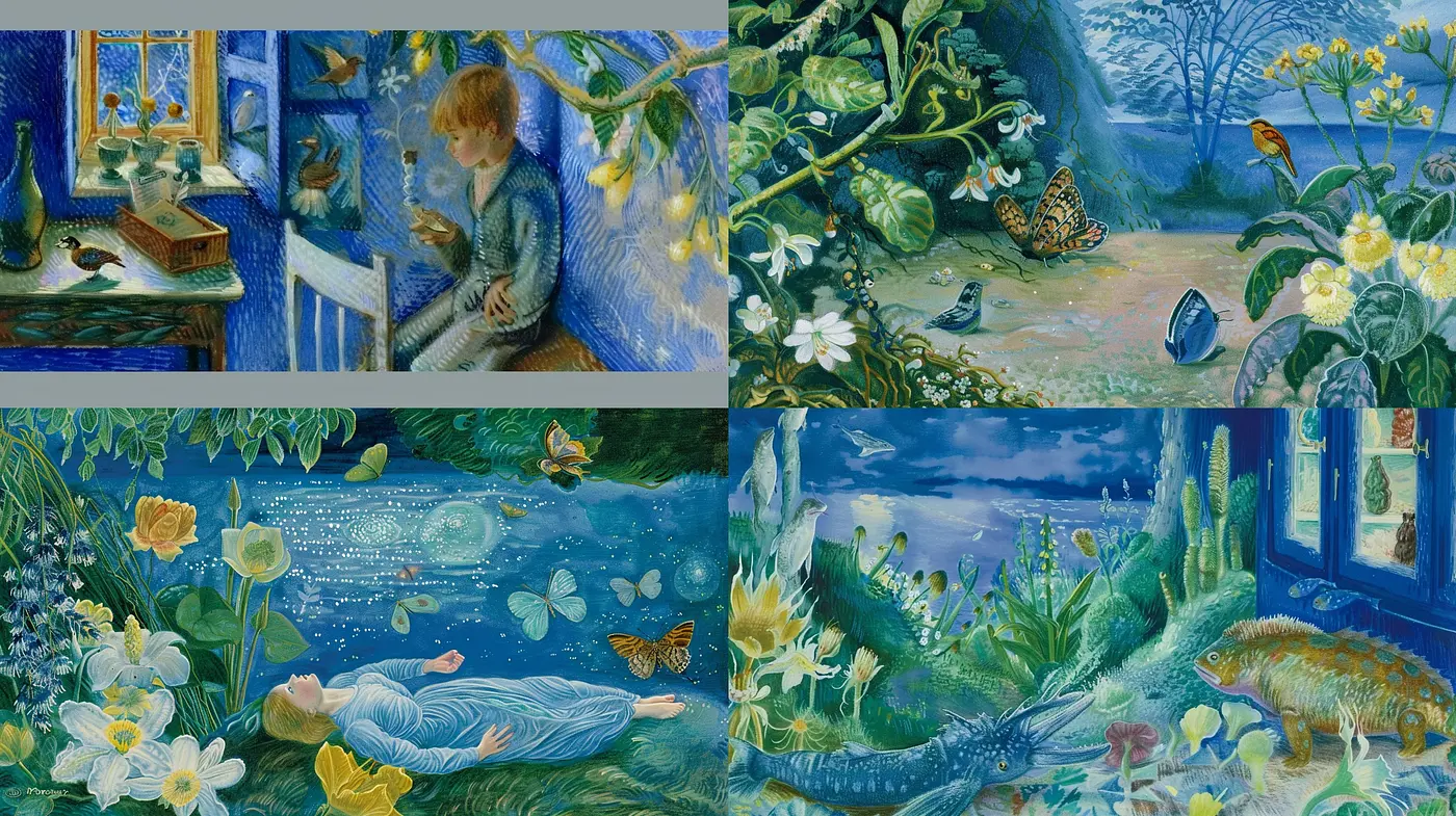Whimsical Dreamscapes with Nocturnal Palette and Stippled Textures - Midjourney sref style