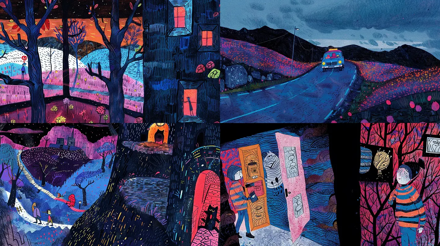 Whimsical Nocturne in Expressionist Hues: A Consistent Tapestry of Stylized Nature and Dreamy Scenes - Midjourney sref style
