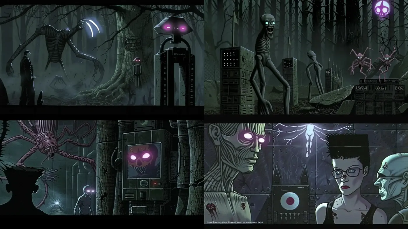 Eerie Cybernetic Nocturne: A Glitchy Fusion of Sci-Fi and Gothicism - Midjourney sref style