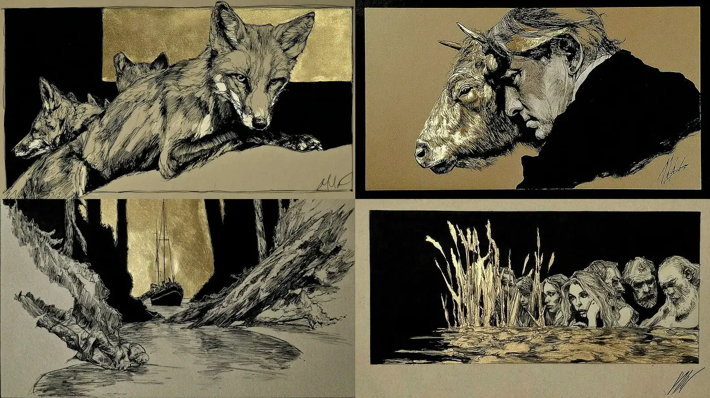 Dark, evocative illustrations with striking contrasts and reflective themes - Midjourney sref style