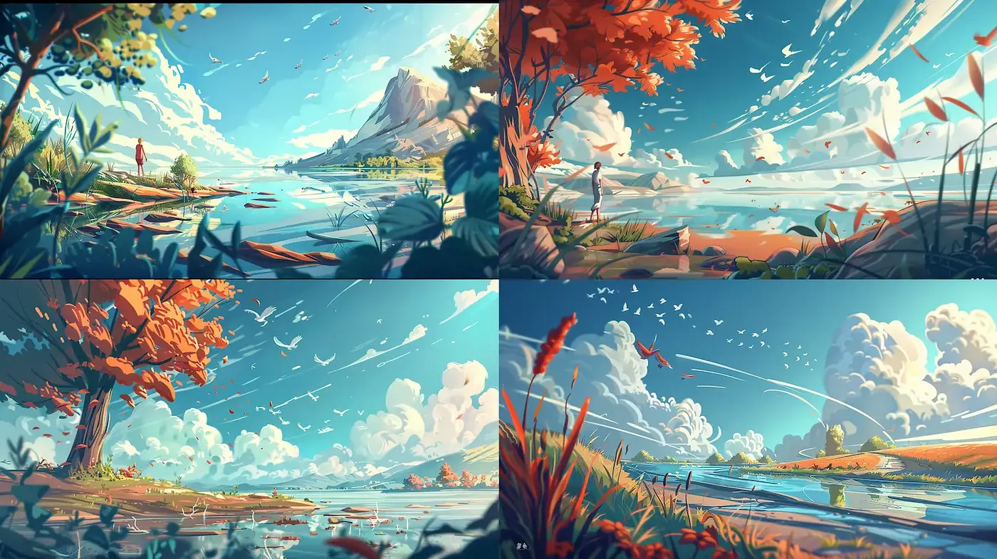 Vibrant and dynamic landscapes with fluid artistry - Midjourney sref style