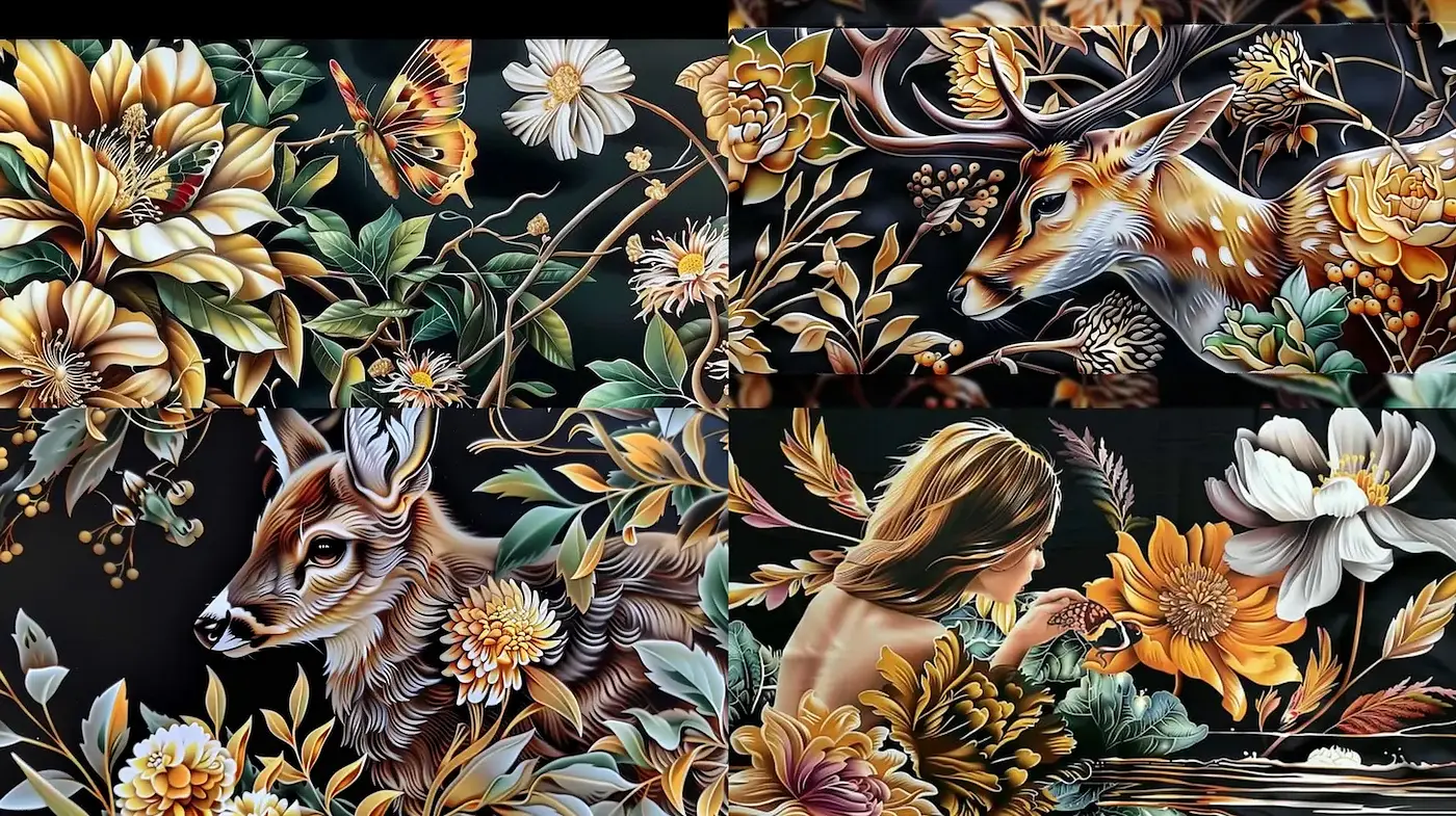 Nature-Inspired Floral and Wildlife Art with Dark Backgrounds - Midjourney sref style