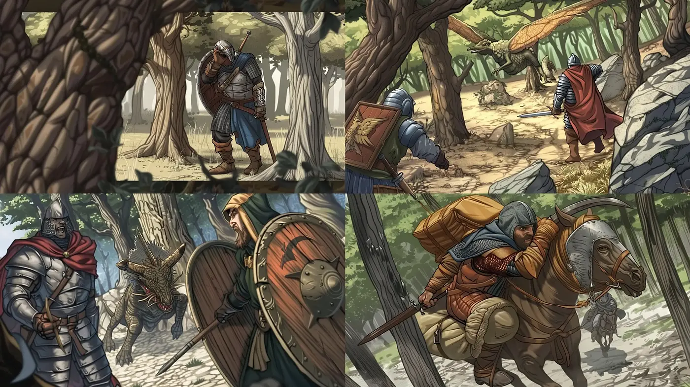 Epochal Canvas of Mythic Encounters: A Harmonious Blend of Medieval and Illustrative Artistry - Midjourney sref style