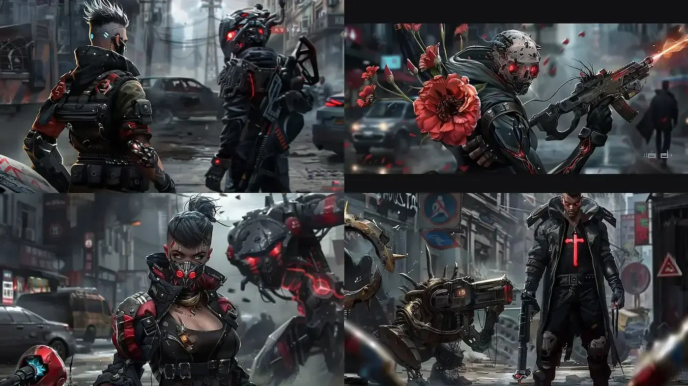 Futuristic Cyberpunk Aesthetic with Detailed Character Designs and Urban Grit - Midjourney sref style