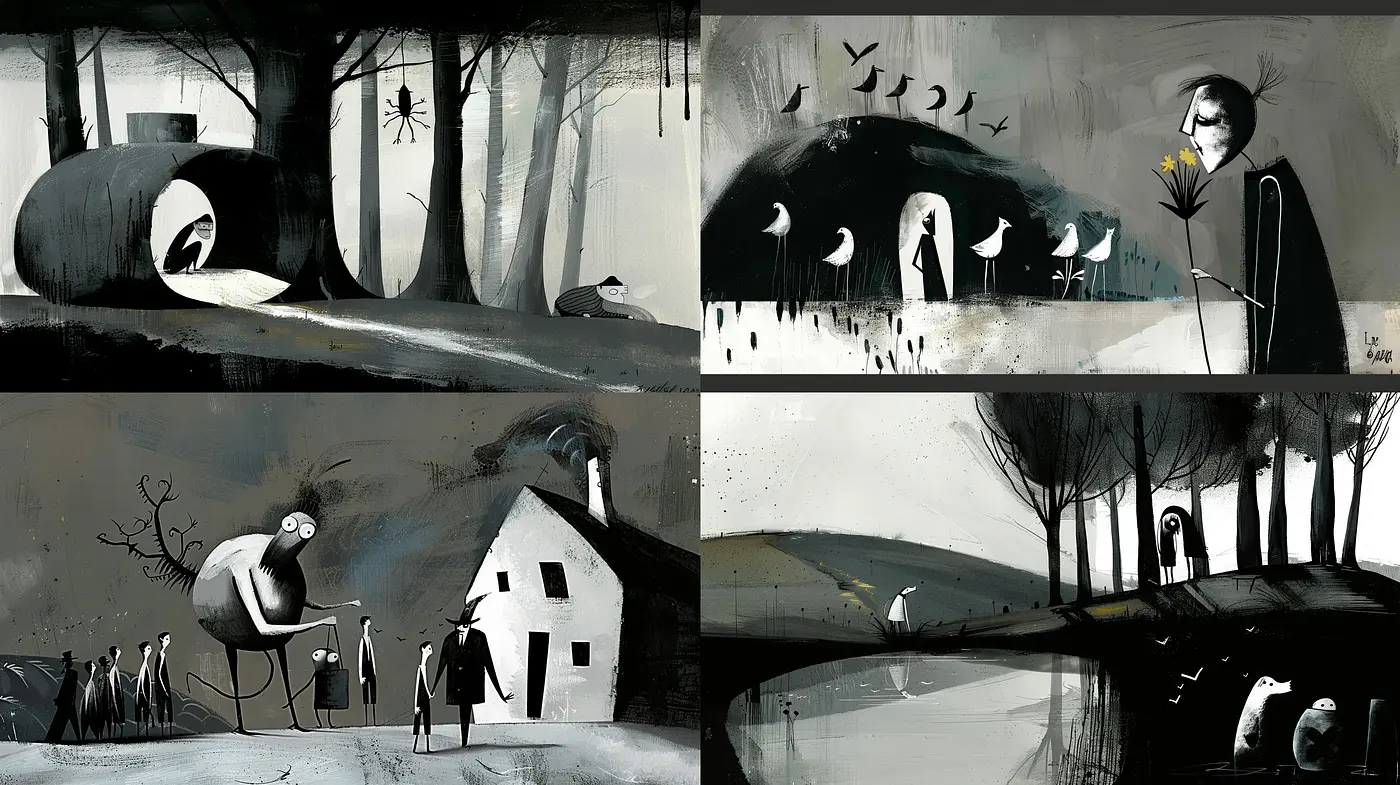 Monochrome Whimsy: A Stylized Interpretation of Surreal Narratives - Midjourney sref style