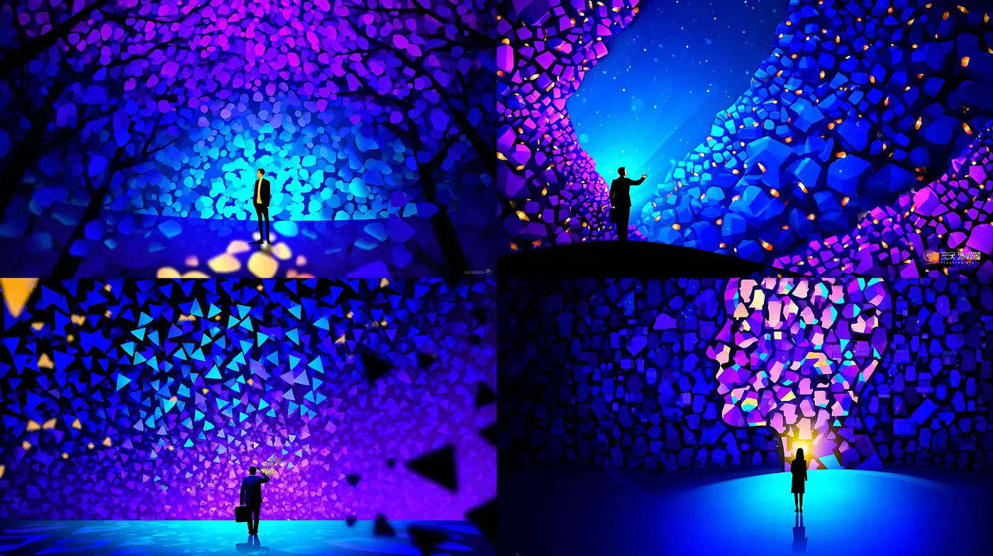 Vibrant Abstract Surrealism with Geometric Patterns and Enigmatic Lighting - Midjourney sref style
