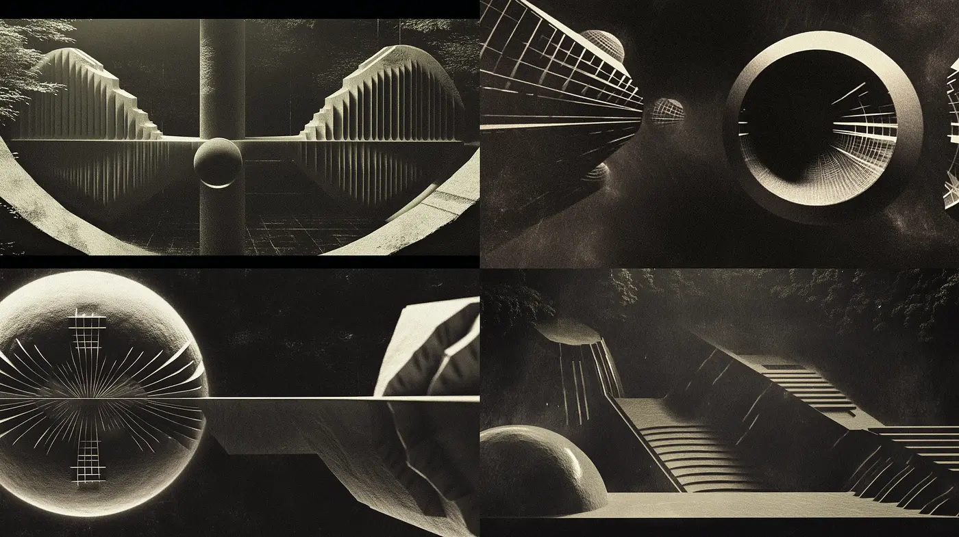 Monochromatic Architectural Symmetry with a Futuristic Noir Appeal - Midjourney sref style