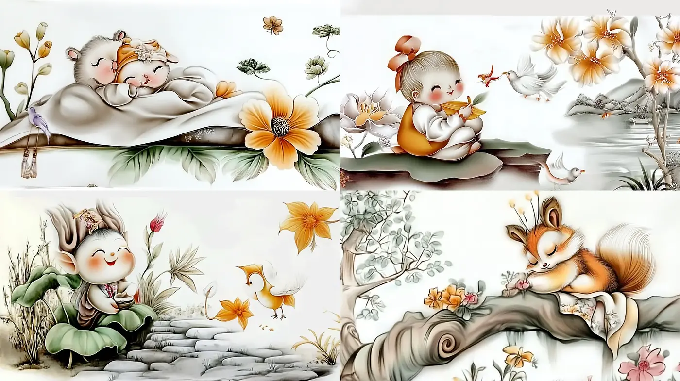 Serene Whimsical Illustrations with Pastel Storybook Qualities - Midjourney sref style