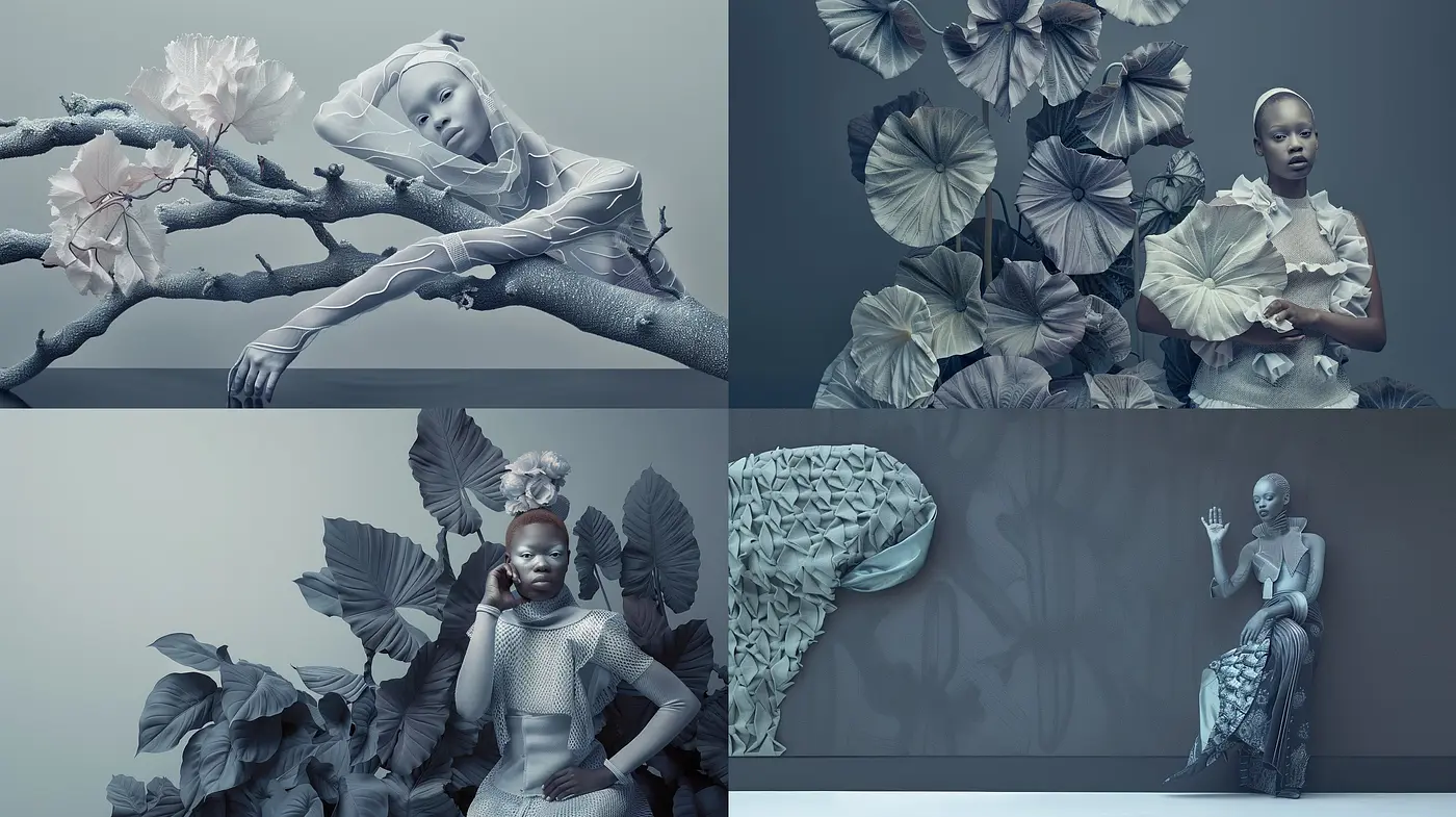 Monochromatic Serenity: A Harmonious Blend of Cool Tones and Surrealist Botanicals - Midjourney sref style