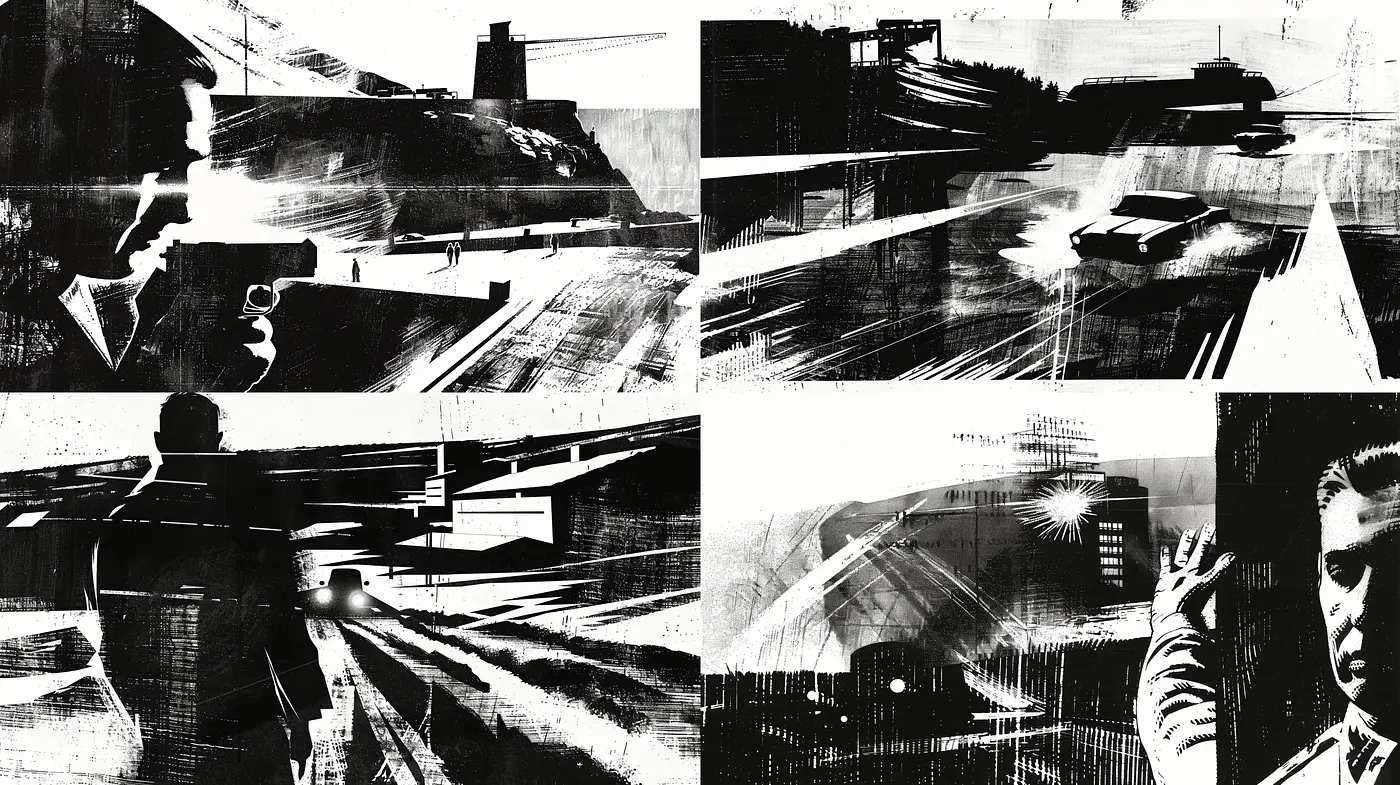 Monochromatic Synthesis of Dynamic Movement and Urban Complexity - Midjourney sref style