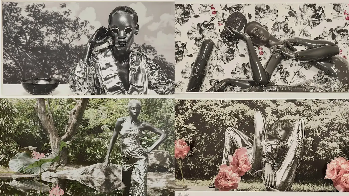 Contemporary exploration of surrealistic black-and-white photography with striking poses - Midjourney sref style