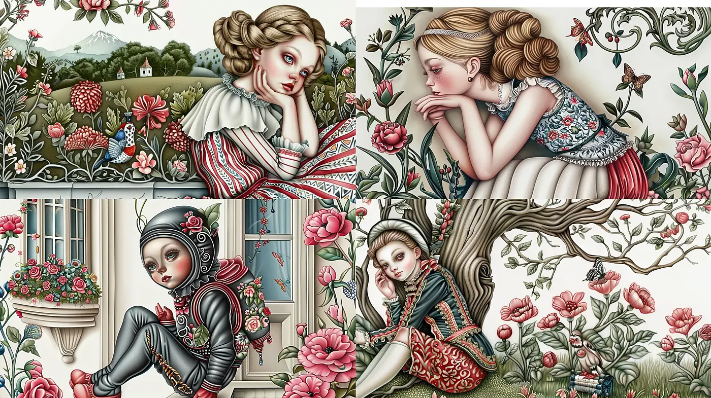 Enchanted Florals and Vintage Textures in a Dreamlike Artistic Rendering - Midjourney sref style