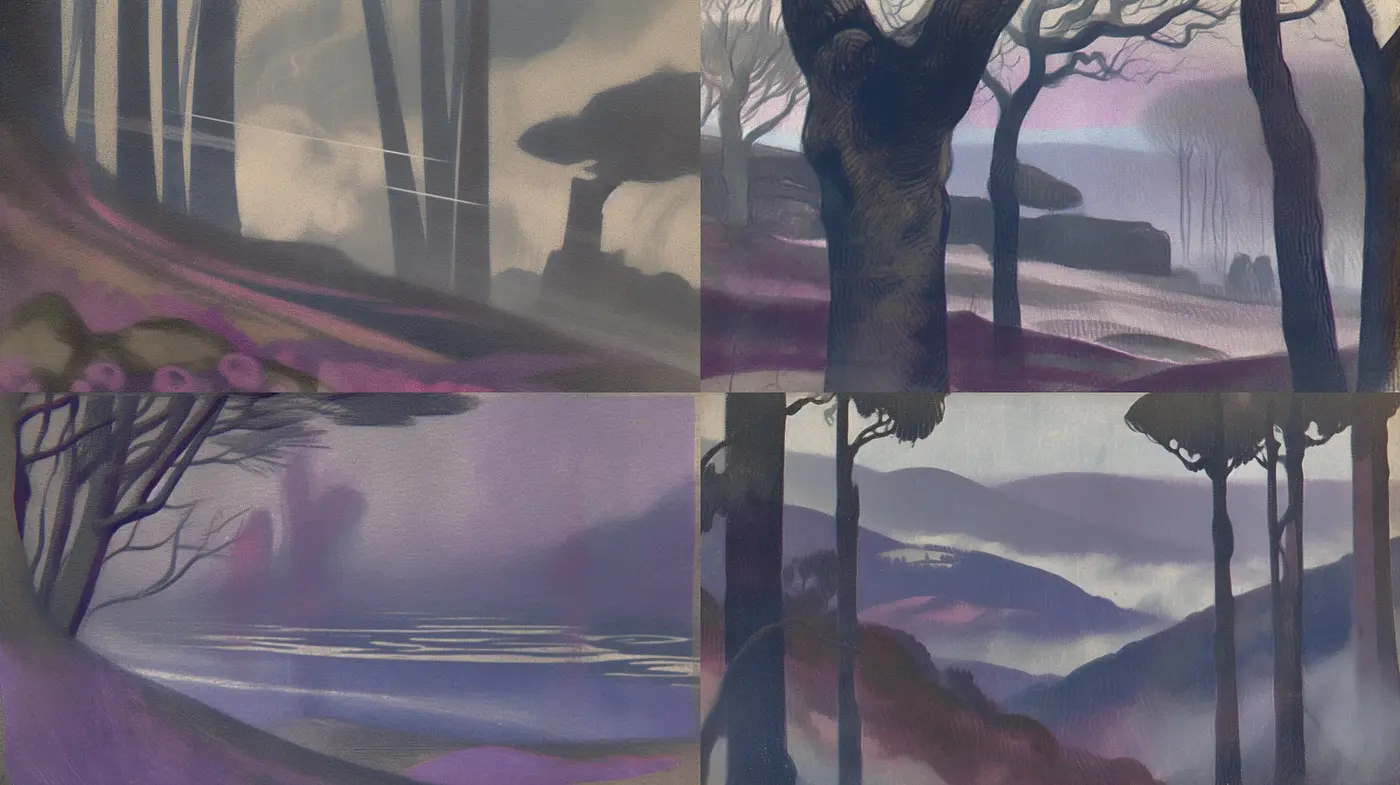 Ethereal Twilight Hues: The Mystical Interplay of Light and Shadow in a Dream-Like Landscape - Midjourney sref style