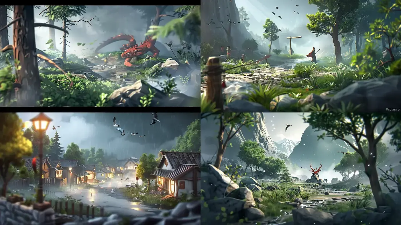 Dynamic natural landscapes with mystical elements and serene ambiance - Midjourney sref style