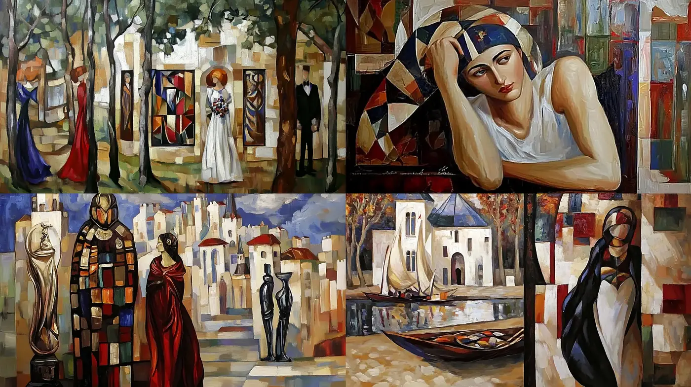 Harmonious Cubist-Inspired Tableaux with Warm Mosaic Tones - Midjourney sref style