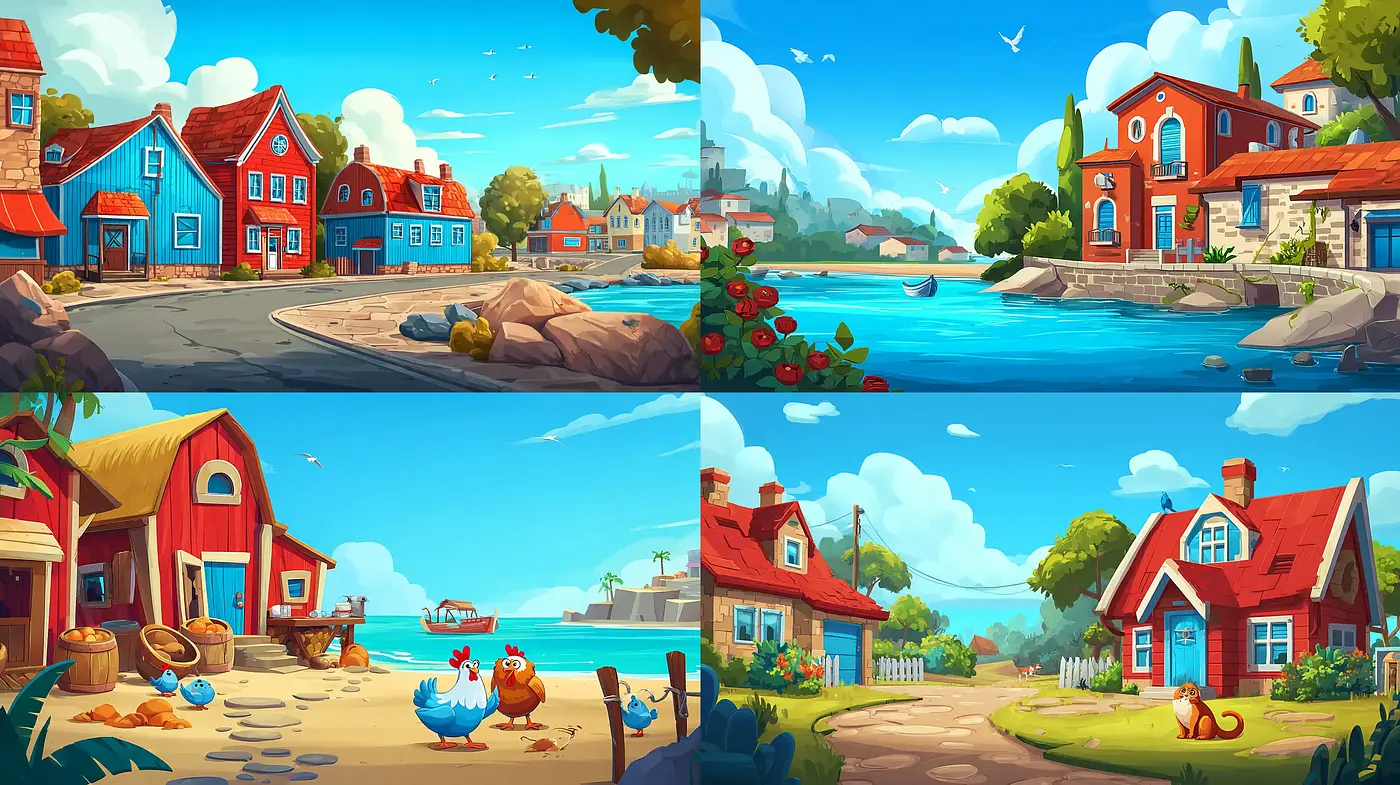 Charming coastal village scenes with vibrant colors and playful details - Midjourney sref style