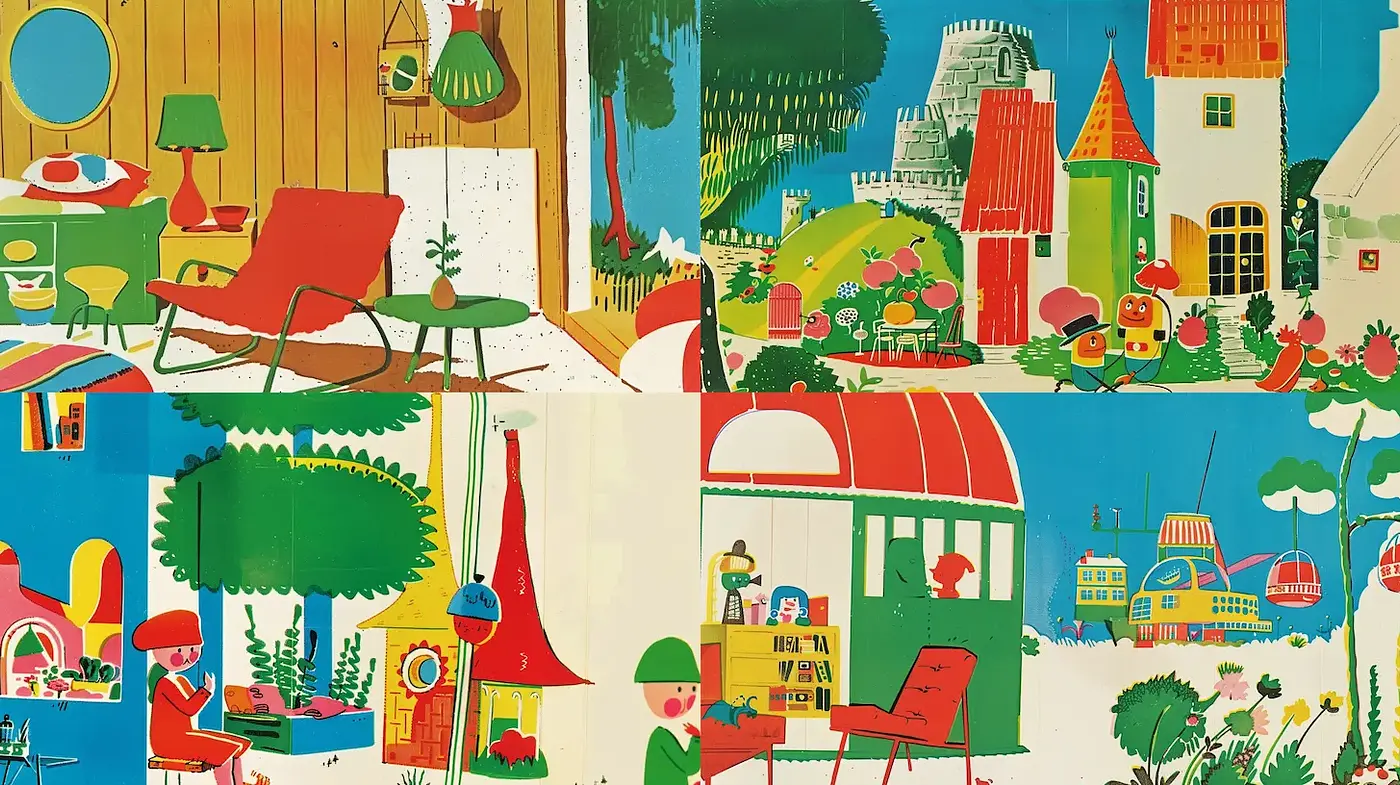 Whimsical and Colorful Mid-Century Modern Illustrations - Midjourney sref style