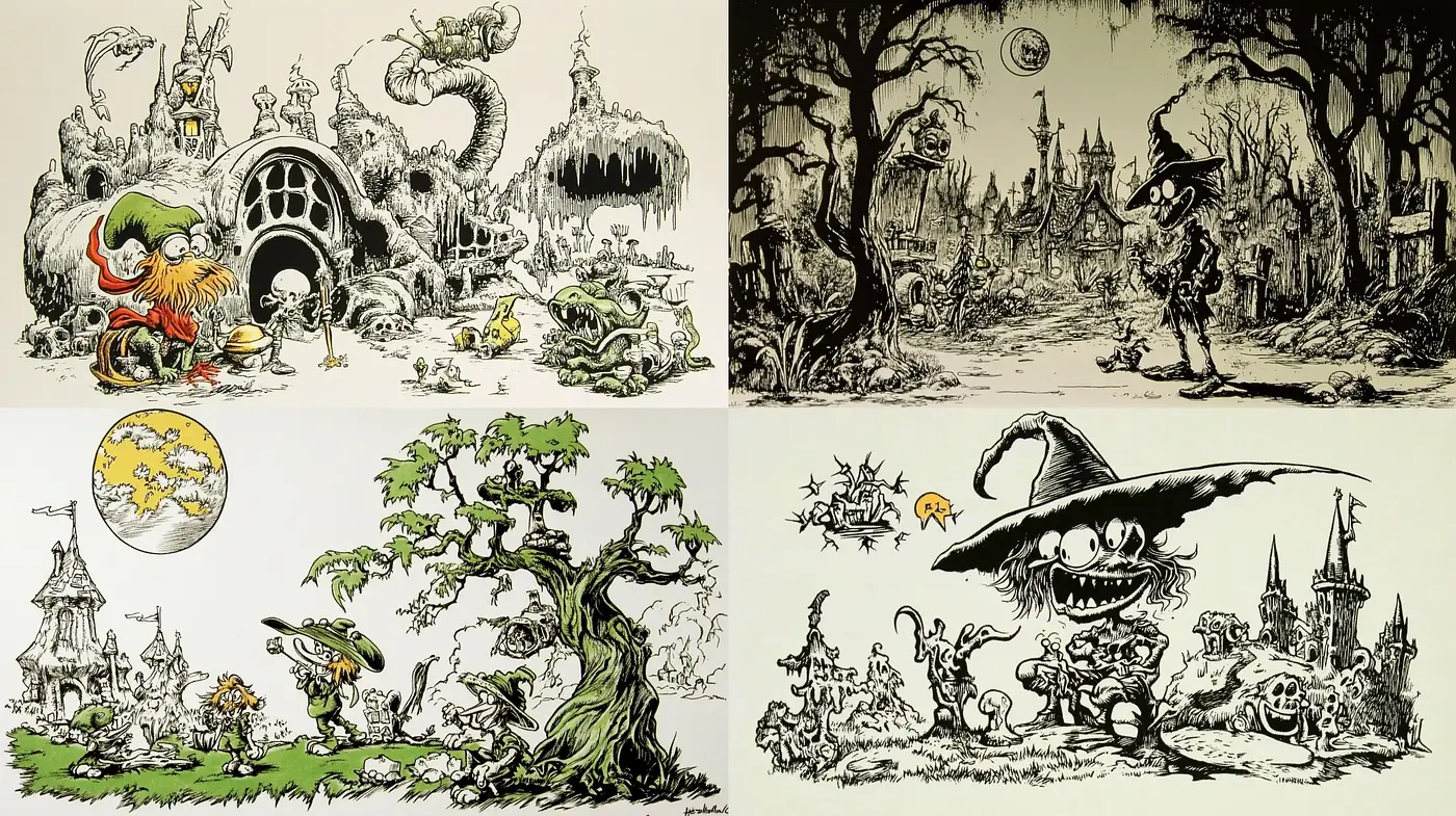 Whimsical Crosshatching: A Journey through Enchanted Inkwash Landscapes and Characters - Midjourney sref style