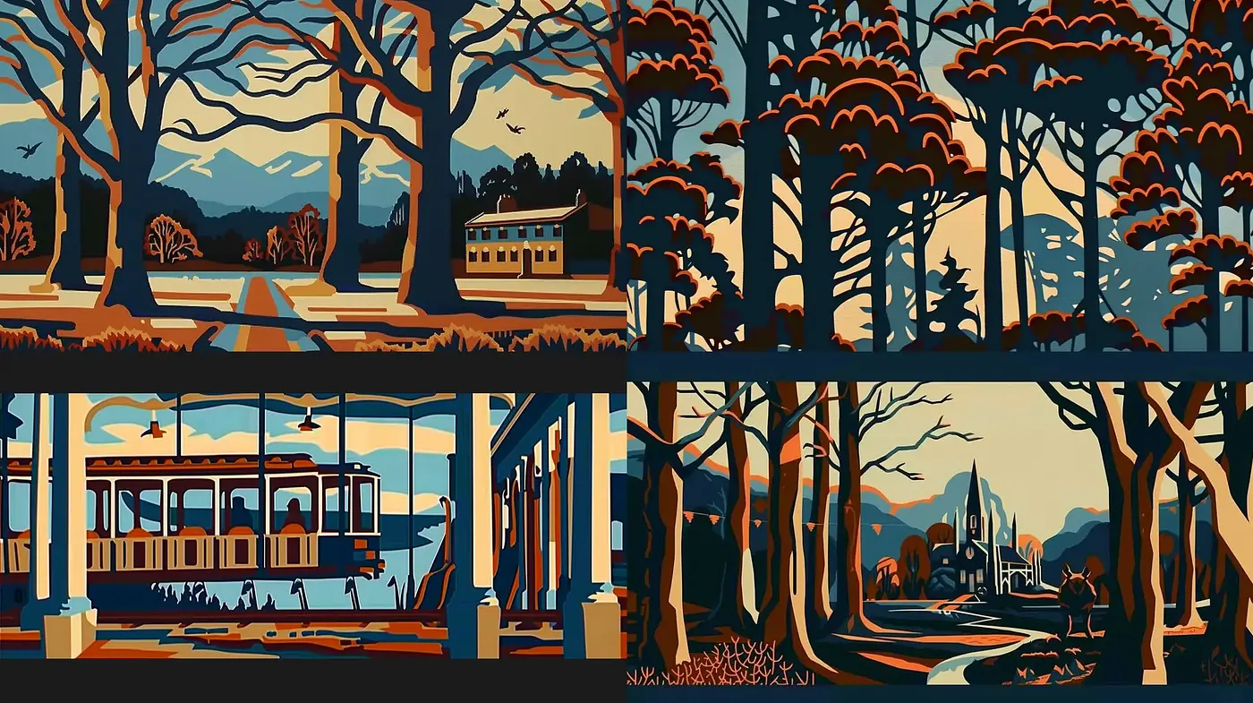 Serene Twilight Hues in Stylized Nature Vignettes - Midjourney sref style