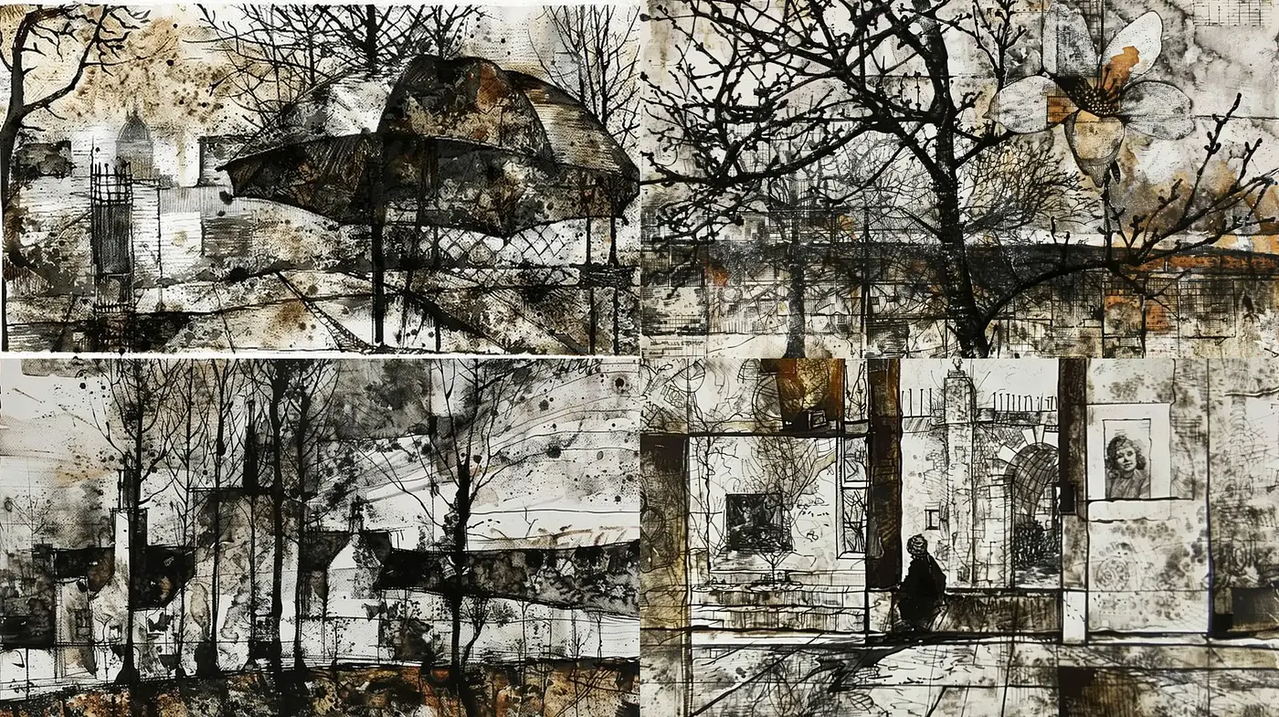 Monochrome Brushwork in Urban Decay - Midjourney sref style