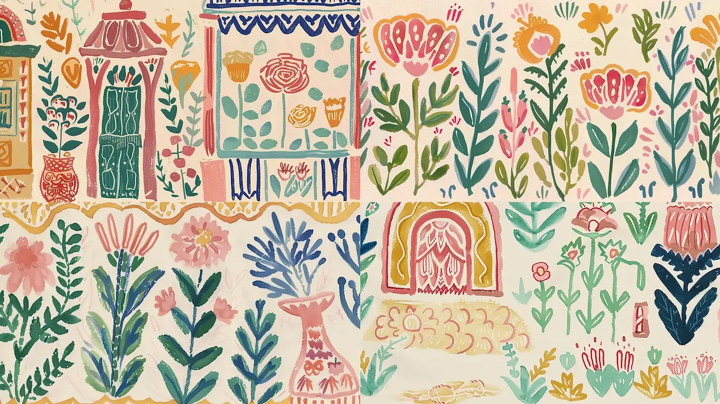 Whimsical and Colorful Folk Art with Floral Patterns - Midjourney sref style
