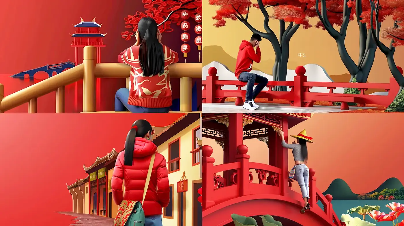Vibrant Red Aesthetic with Minimalist Elements and Cultural Influence - Midjourney sref style
