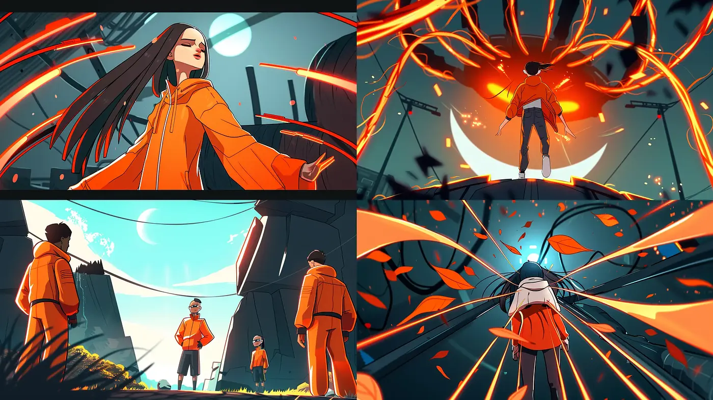 Dynamic Sci-Fi Illustration with Vibrant Contrasts and Expressive Poses - Midjourney sref style