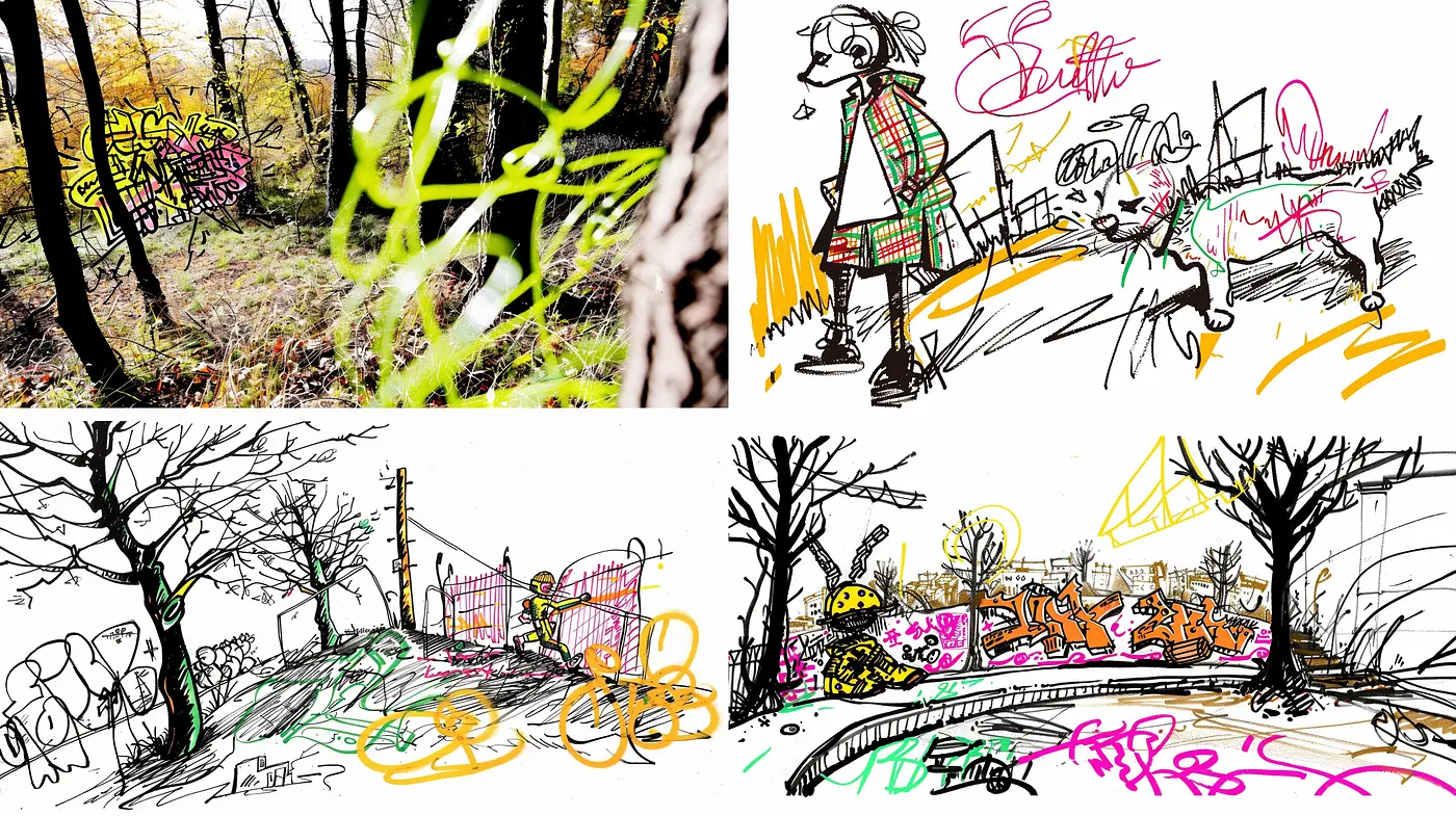 Energetic Graffiti-esque Sketches with Vibrant Expressive Lines and Splashes of Color - Midjourney sref style