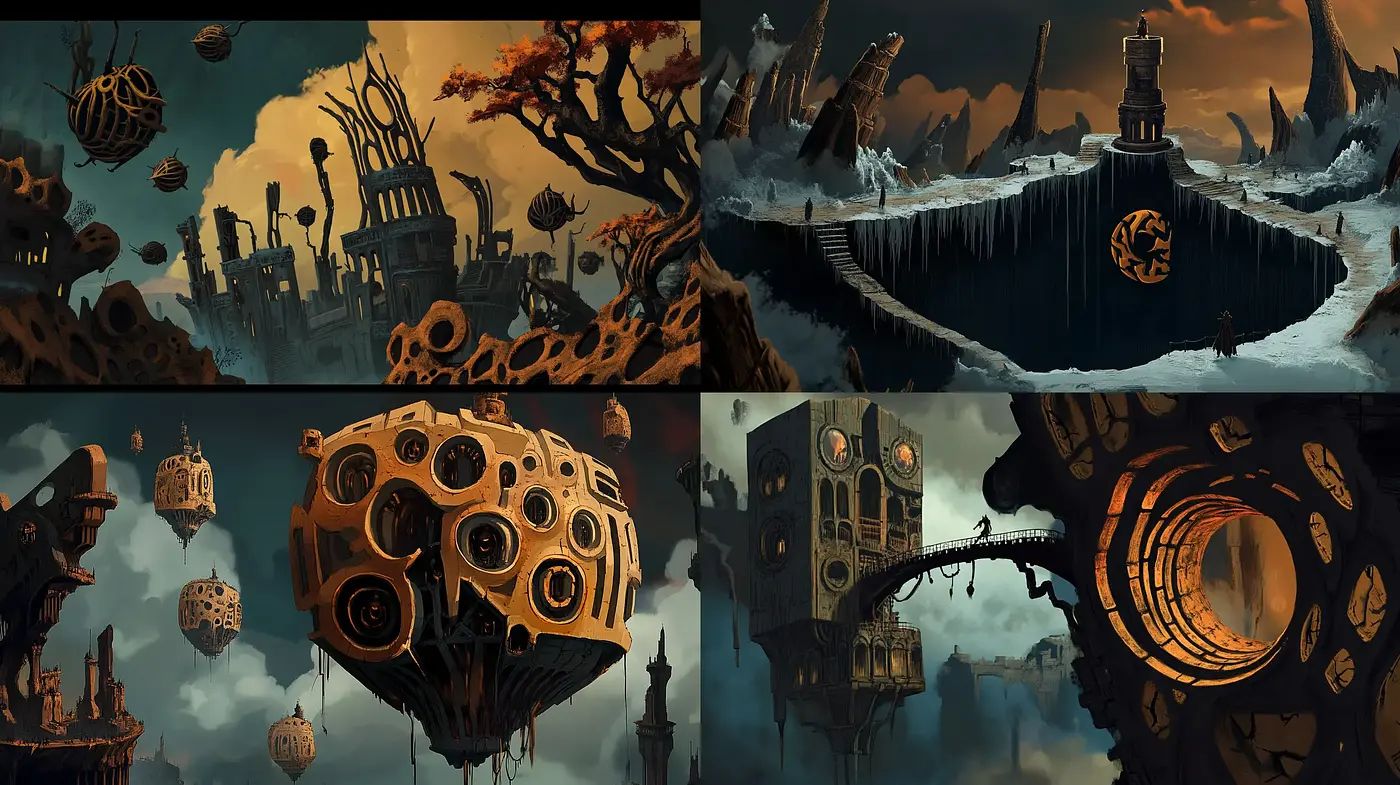 Dystopian Steampunk Panorama with a Twilight Ambiance - Midjourney sref style