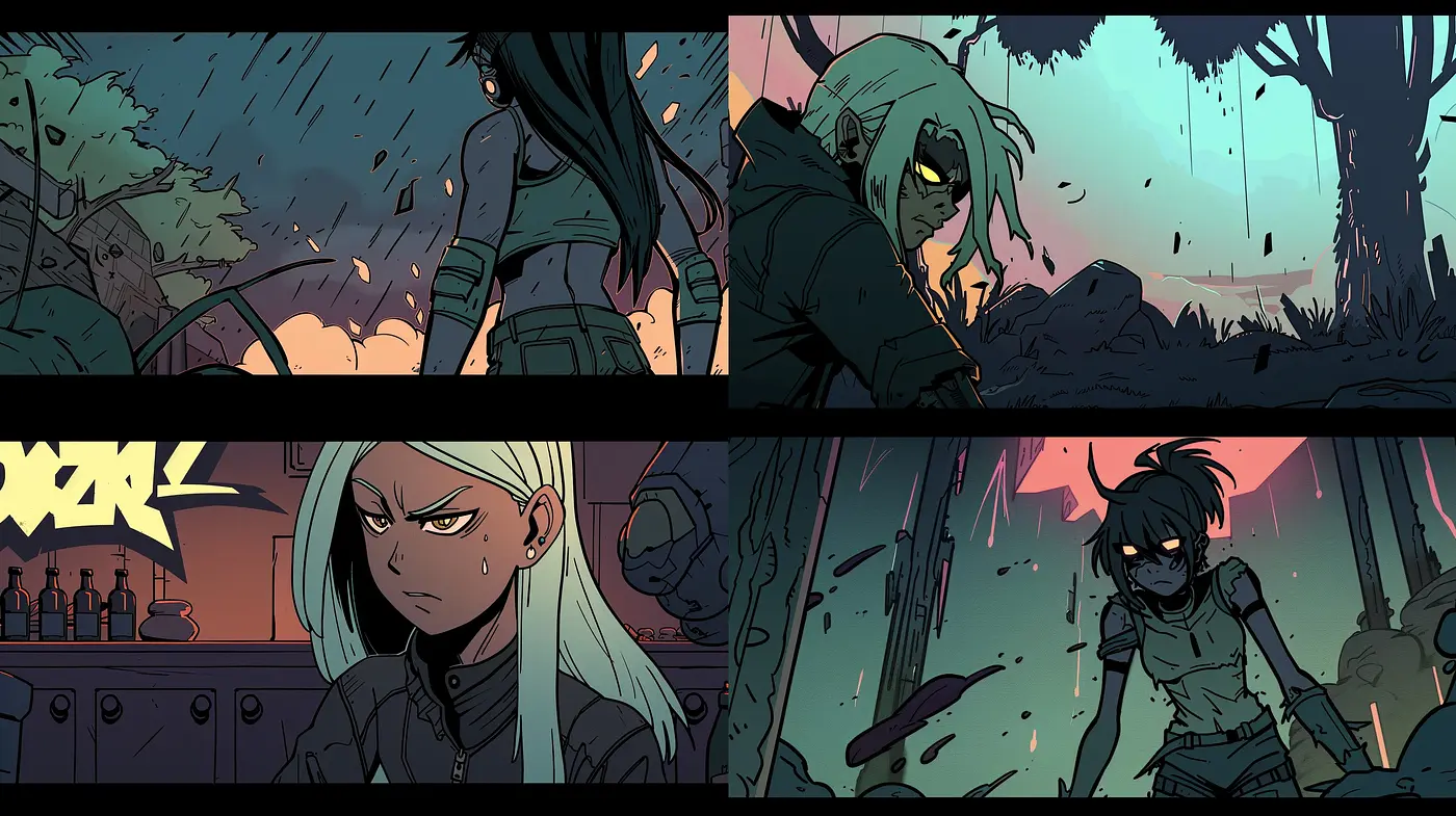 Stylized Graphic Novel Illustrations with a Moody, Nocturnal Ambiance - Midjourney sref style