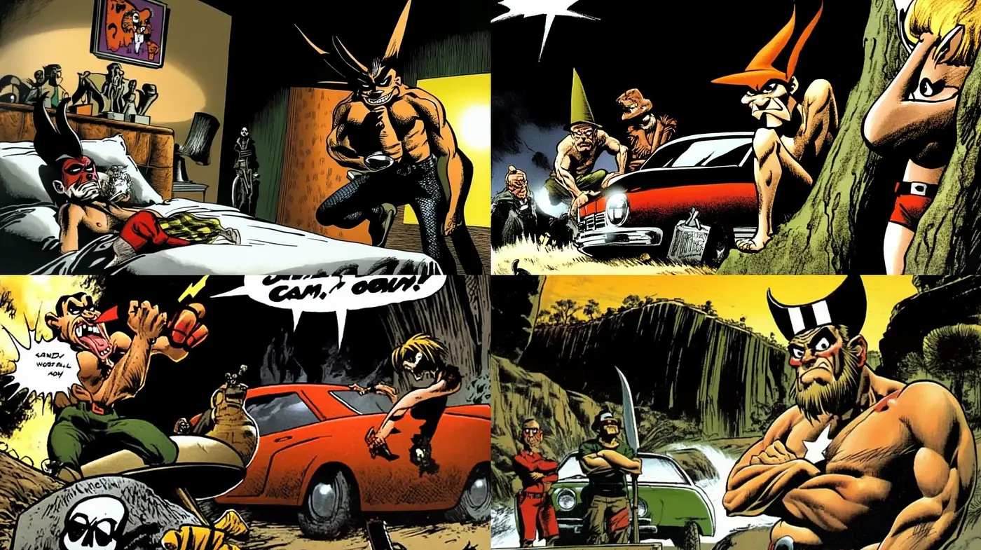 Dynamic Comic Book Action with Vintage Undertones - Midjourney sref style