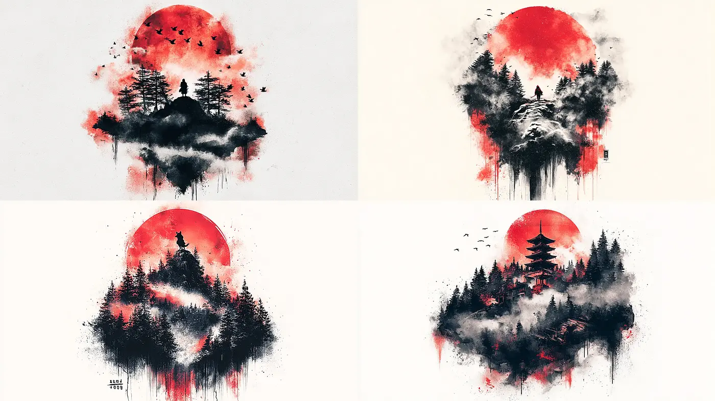 Dynamic Red and Black Landscape Illustrations with Ethereal Quality - Midjourney sref style