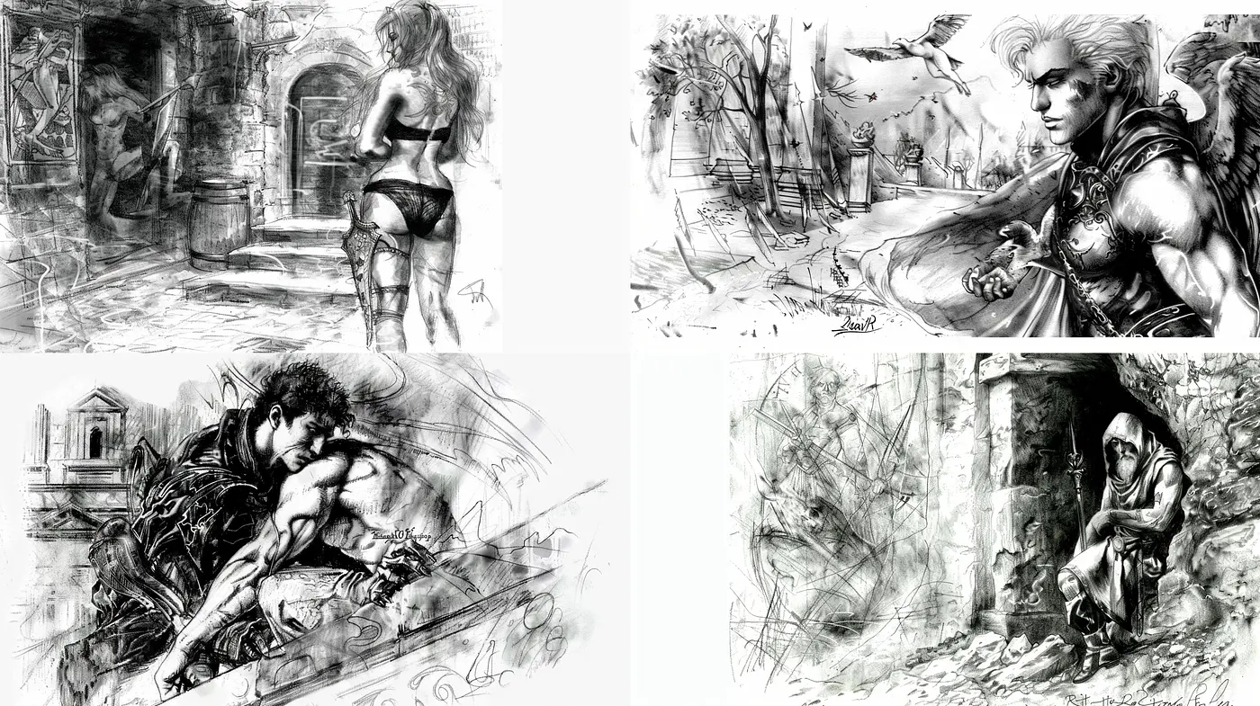 Monochromatic Symphony in Graphite: A Study in Textured Sketch Art - Midjourney sref style