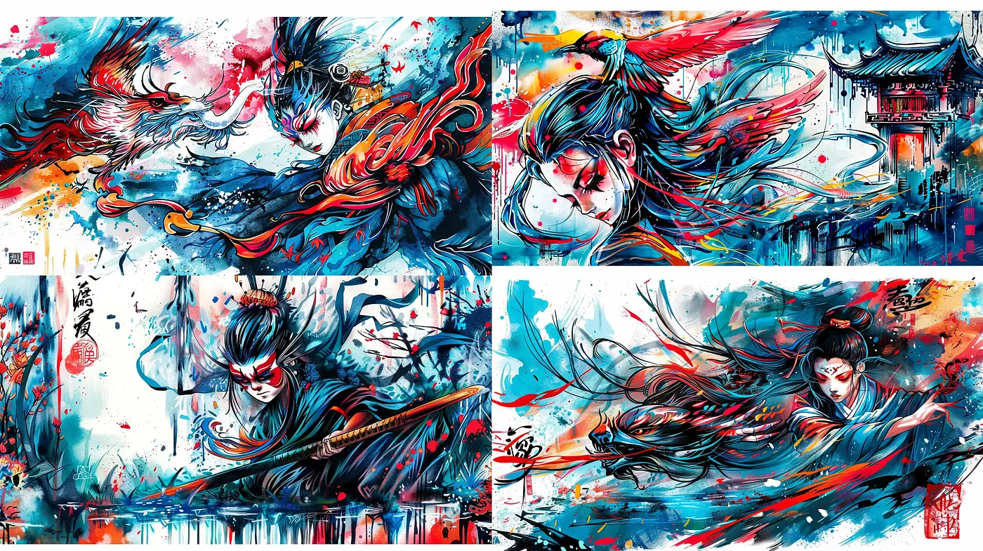 Dynamic Brushstrokes and Vivid Contrasts: An Explosive Fusion of Traditional Asian Art with Modern Abstract Expressionism - Midjourney sref style