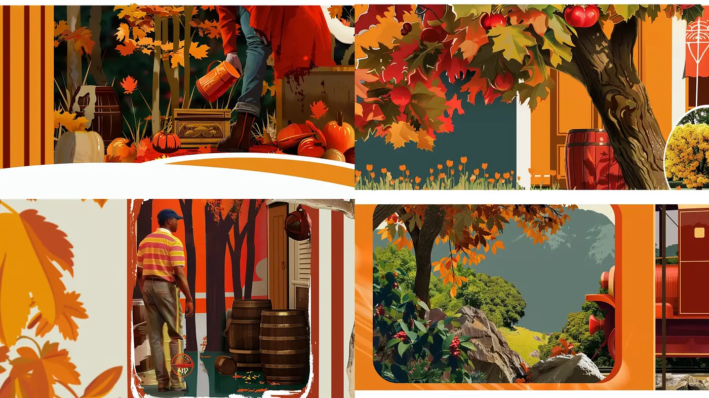 Autumnal Warmth: A Harmonious Blend of Rustic Tones and Nostalgic Illustration - Midjourney sref style