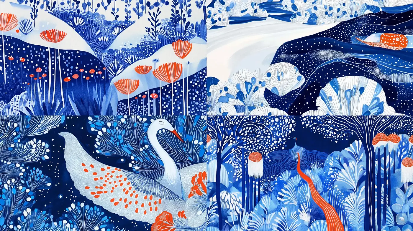 Enchanted Indigo Forest: A Harmony of Nature in Stylized Illustration - Midjourney sref style