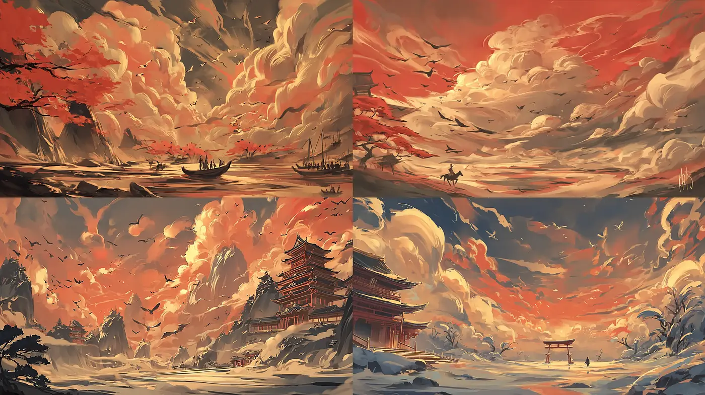 Epic Landscapes with Dramatic Cloudscapes and Traditional Architecture - Midjourney sref style
