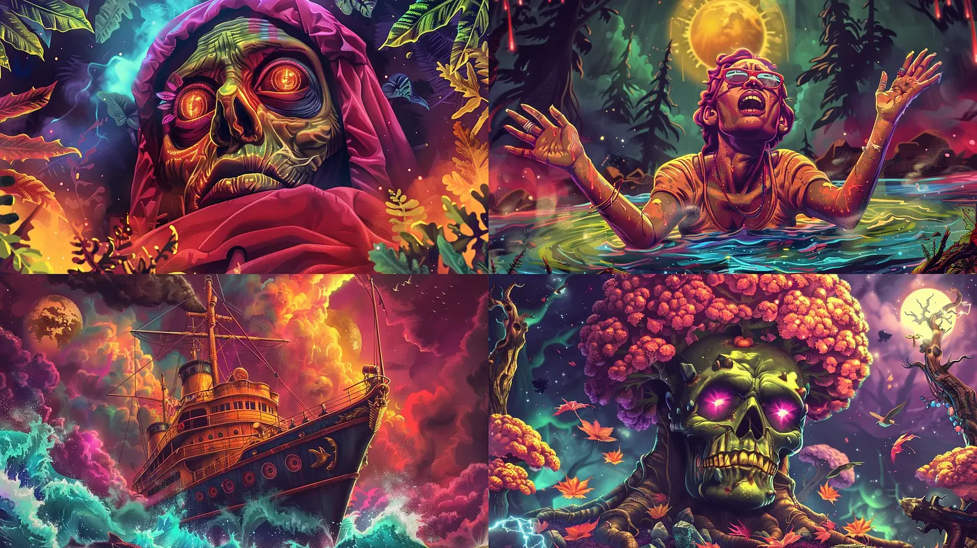 Surreal Dreamscape Fusion with Vibrant Hues and Intricate Textures - Midjourney sref style